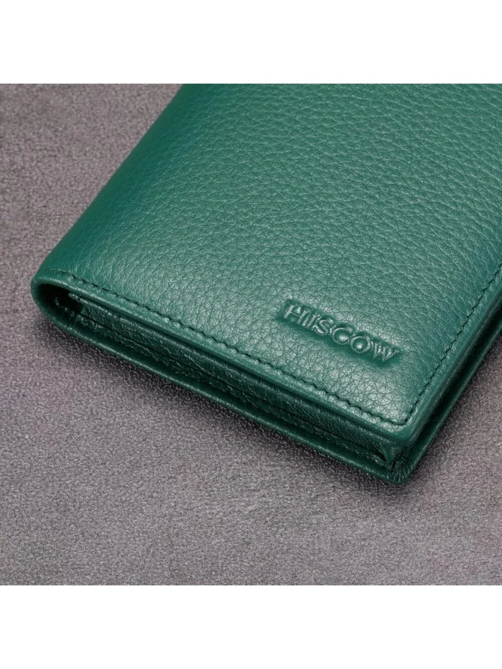 Men's Full Grain Leather Long Wallet - 15 Card Slots, Pebbled Green Design